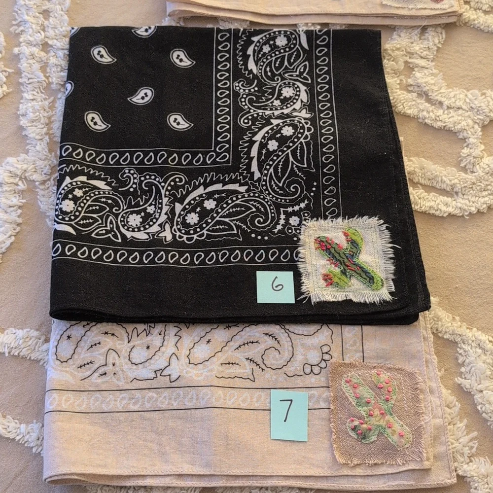Bandana scarf w cactus, upcycled, embroidery cactus patch, Pick 1 HANDMADE ITEM - Picture 15 of 16